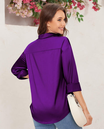 siliteelon Satin Blouses for Women Silk Button Down Shirts Casual Long Sleeve Shirt Business Office Work Tunic Tops