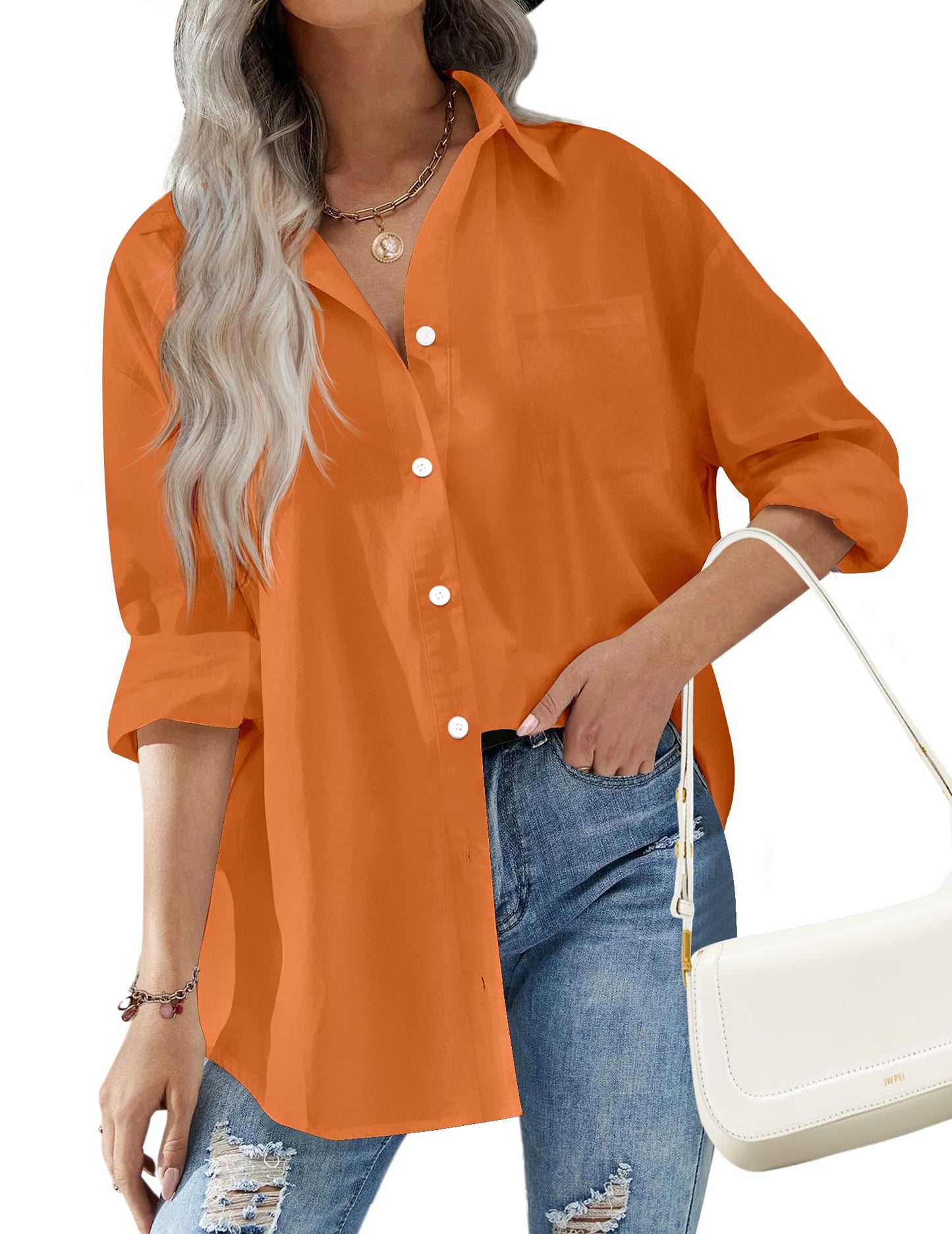 HOTOUCH Women Oversized Button Down Shirts Office Drop Shoulder Blouse Long Sleeve Boyfriend Dress Shirt with Pockets