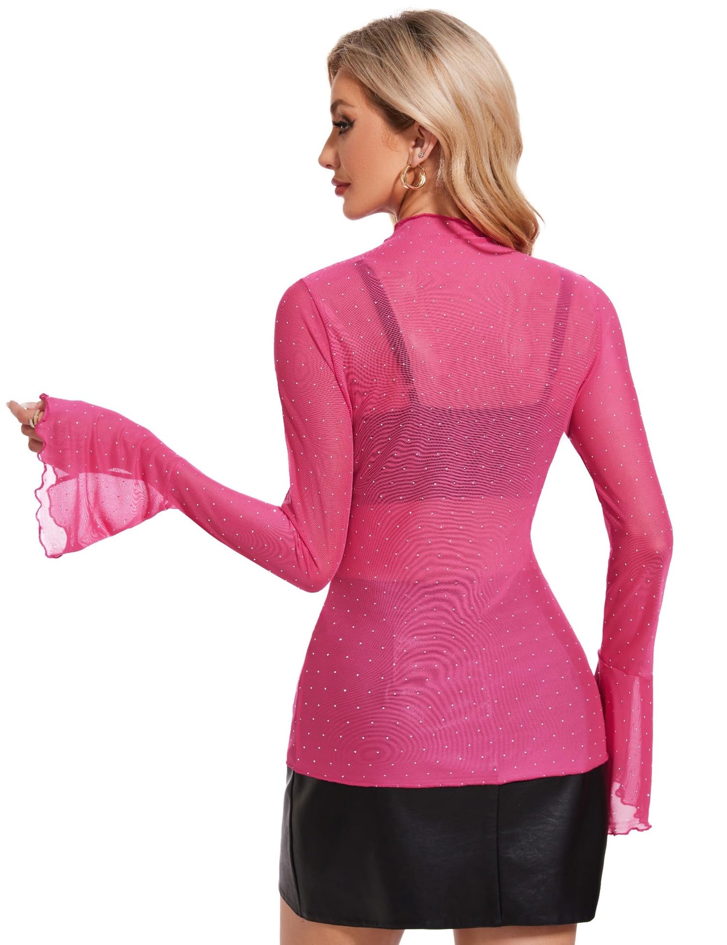 BBX Lephsnt Women Sheer Mesh Tops Long Bell Sleeve Rhinestone Top Mock Neck Blouses Sparkle Glitter Shirts See Through Tee