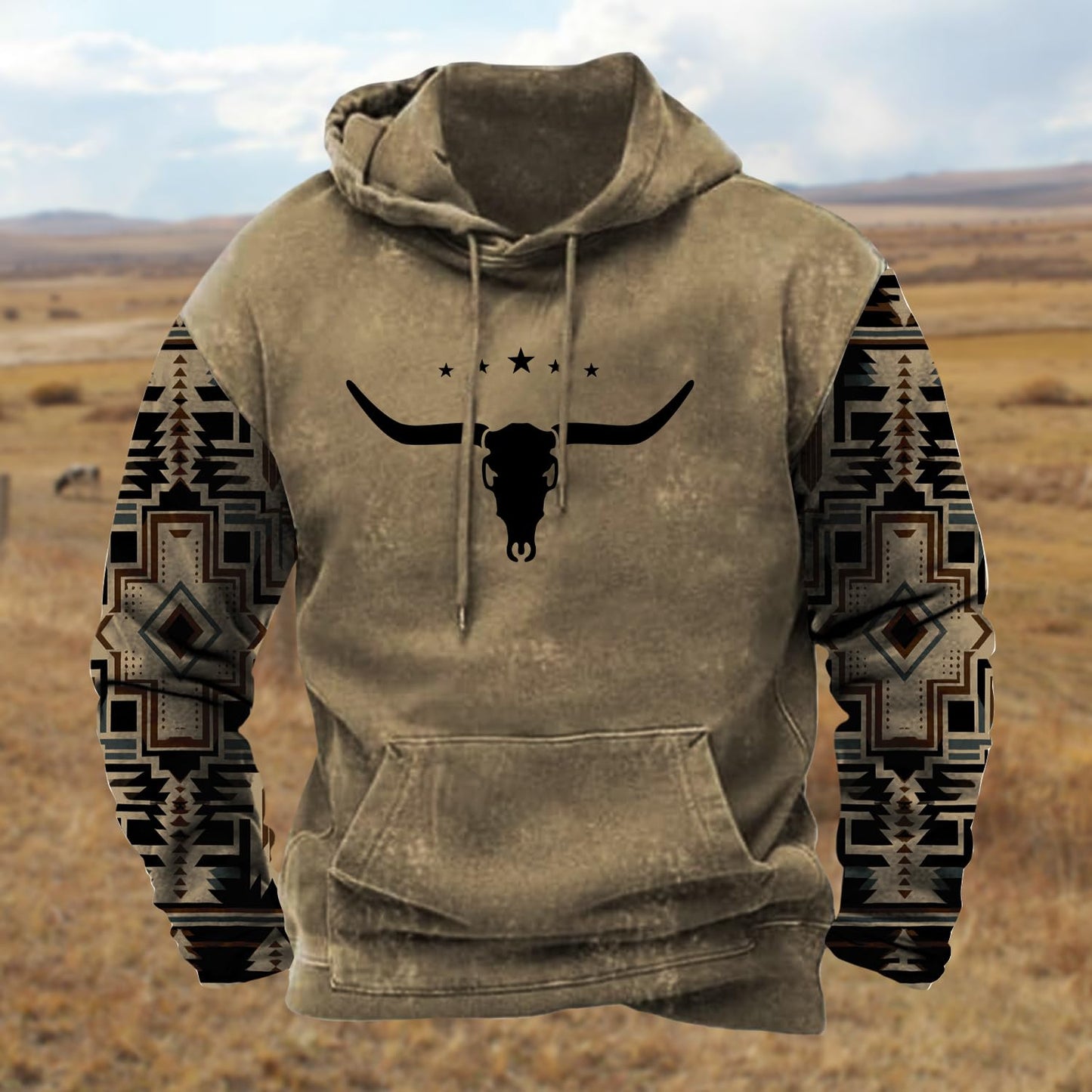 PORCLAY Mens Aztec Hoodie Western Cowboy Hooded Sweatshirt Country Graphic Print Oversized Pullover Shirts with Pocket