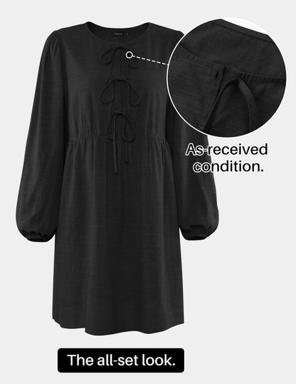 ZESICA Women's Dress Fall Long Puff Sleeve Self Tie Front Babydoll A Line Pleated Cute Mini Tunic Dresses 2025