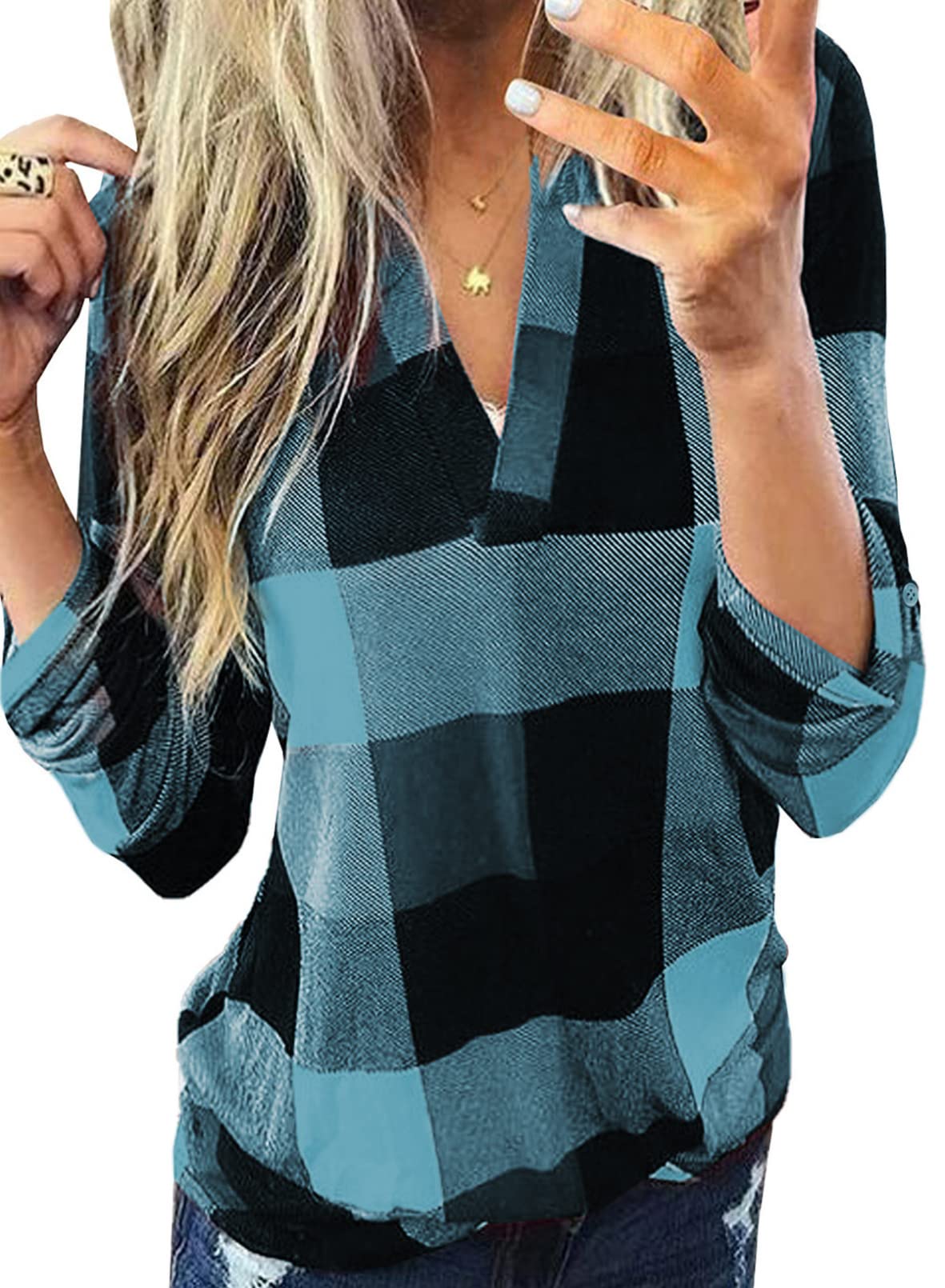 Dokotoo Womens Basic Casual V Neck Plaid Print Cotton Cuffed Long Sleeve Work Tops Blouses Shirts S-3XL