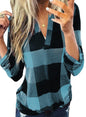 Dokotoo Womens Basic Casual V Neck Plaid Print Cotton Cuffed Long Sleeve Work Tops Blouses Shirts S-3XL