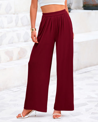 BTFBM Women's Casual Wide Leg Pants Summer Fall Clothes Pleated Elastic Waist Loose Palazzo Knit Trousers with Pockets