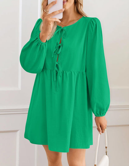 ZESICA Women's Dress Fall Long Puff Sleeve Self Tie Front Babydoll A Line Pleated Cute Mini Tunic Dresses 2025