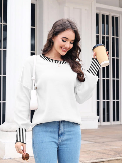 ETCYY Womens Oversized Sweaters Fall 2024 Fashion Clothes Trendy Batwing Sleeve Colorblock Striped Knit Pullover Sweater Tops