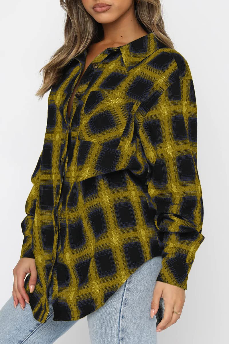 CHYRII Womens Button Down Flannel Shirts Long Sleeve Plaid Shackets Business Casual Blouse Top