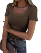 Roselux Women's Summer Scoop Neck Short Sleeve T-Shirts Ribbed Knit Slim Fitted Casual Basic Top