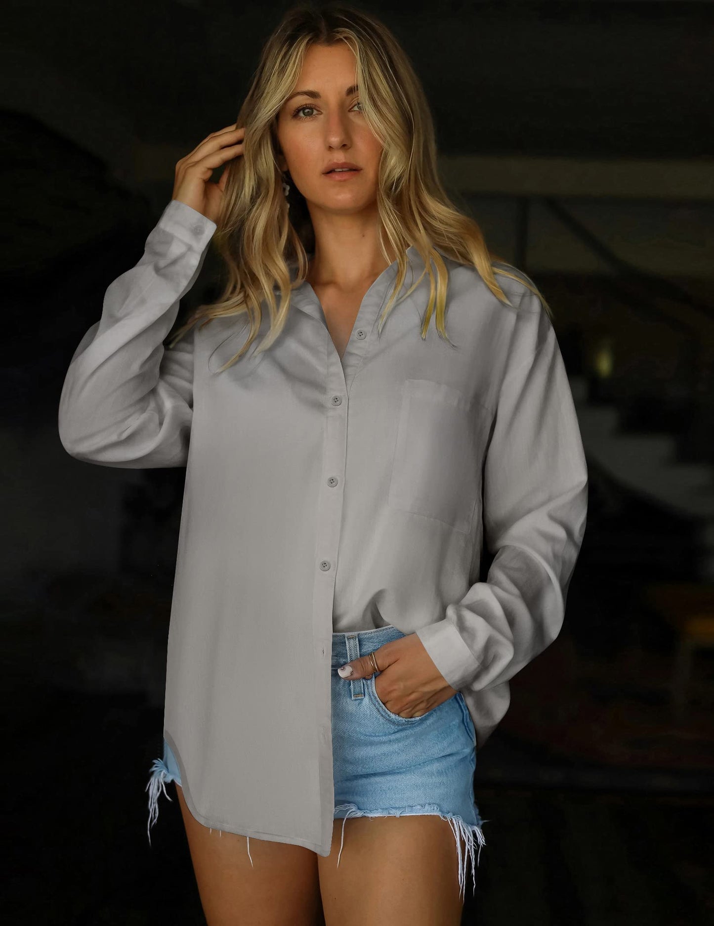 HOTOUCH Women Oversized Button Down Shirts Office Drop Shoulder Blouse Long Sleeve Boyfriend Dress Shirt with Pockets