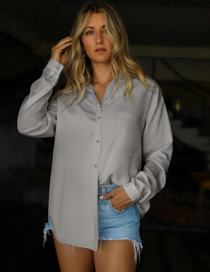 HOTOUCH Women Oversized Button Down Shirts Office Drop Shoulder Blouse Long Sleeve Boyfriend Dress Shirt with Pockets