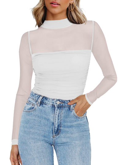 Zeagoo Women's Sexy Mock Turtle Neck Long Sleeve Tops Sheer Mesh Ruched Trendy Going Out Shirts Blouse