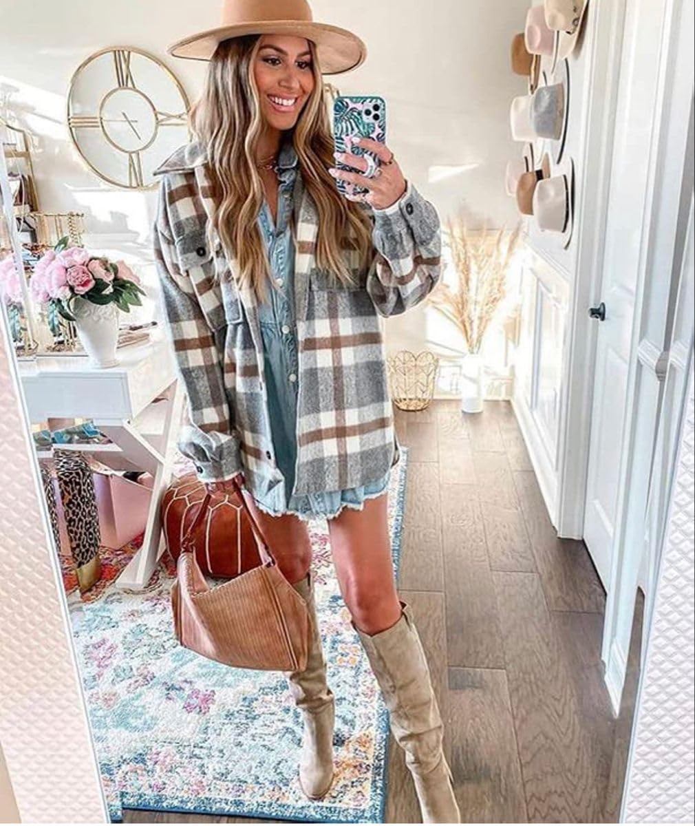 Beaully Women's Flannel Plaid Shacket Long Sleeve Button Down Shirts Jacket Coats with Side Pockets
