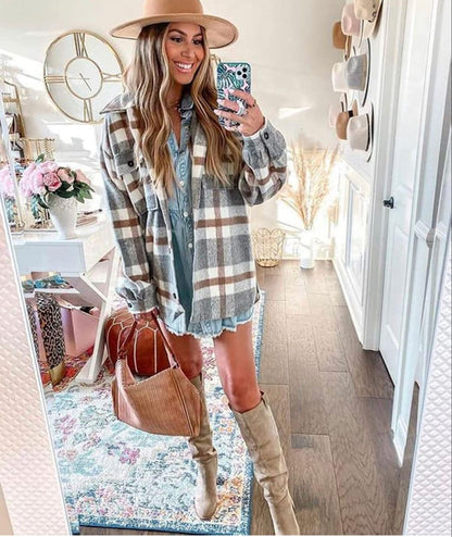 Beaully Women's Flannel Plaid Shacket Long Sleeve Button Down Shirts Jacket Coats with Side Pockets