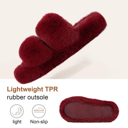 FamilyFairy Women's Fluffy Faux Fur Slippers Comfy Open Toe Two Band Slides with Fleece Lining and Rubber Sole