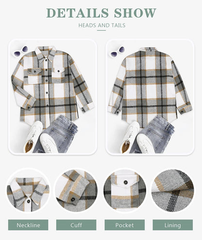 Beaully Women's Flannel Plaid Shacket Long Sleeve Button Down Shirts Jacket Coats with Side Pockets