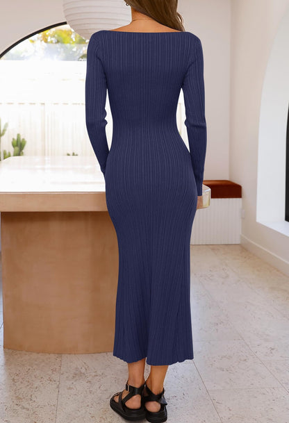 MEROKEETY Women's 2024 Long Sleeve Bodycon Sweater Dress Fall Crew Neck Ribbed Knit Maxi Dresses
