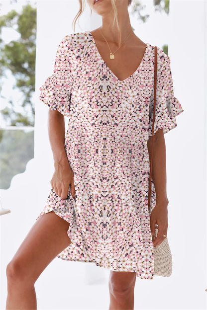 nclook Women's Summer Casual Dress Sweet & Cute V-Neck Mini Dress with Pocket Short Sleevele Ruffle Dress
