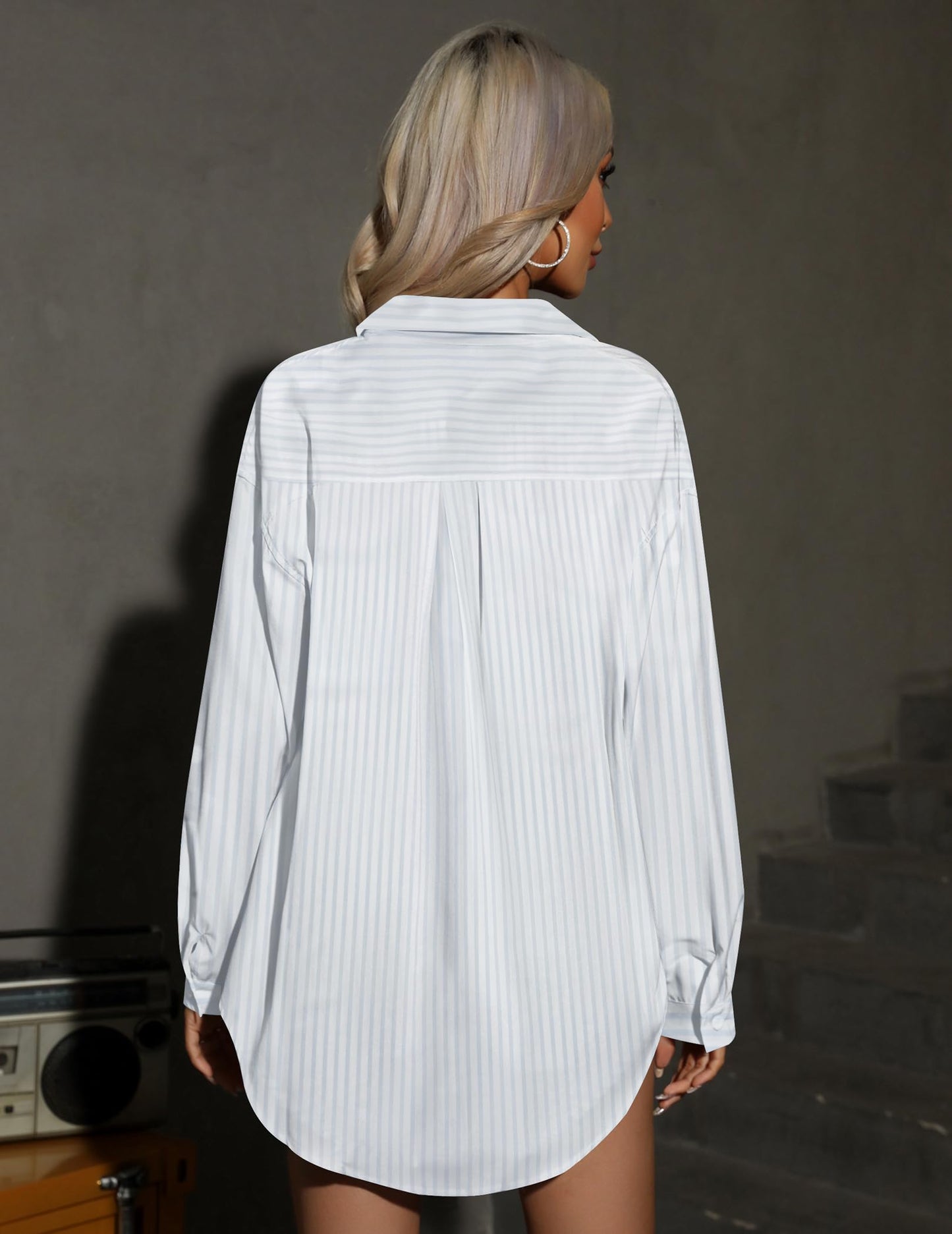 HOTOUCH Women Oversized Button Down Shirts Office Drop Shoulder Blouse Long Sleeve Boyfriend Dress Shirt with Pockets