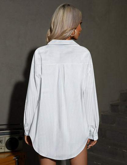 HOTOUCH Women Oversized Button Down Shirts Office Drop Shoulder Blouse Long Sleeve Boyfriend Dress Shirt with Pockets