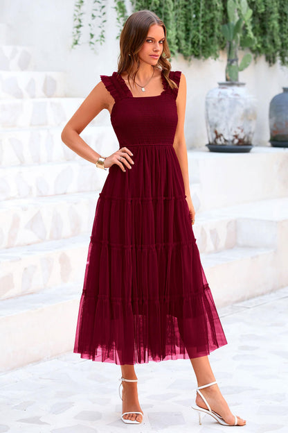 PRETTYGARDEN Women's 2024 Summer Midi Dress Casual Sleeveless Smocked Ruffle Tulle Flowy Party Wedding Guest Sundress
