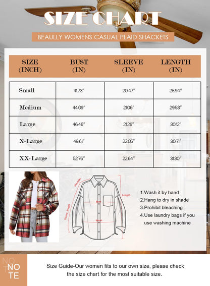 Beaully Women's Flannel Plaid Shacket Long Sleeve Button Down Shirts Jacket Coats with Side Pockets