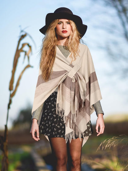 Bestshe Women's Boho Open Front Poncho Knitted Plaid Shawl Wrap Cape Tassel Cardigan Sweater