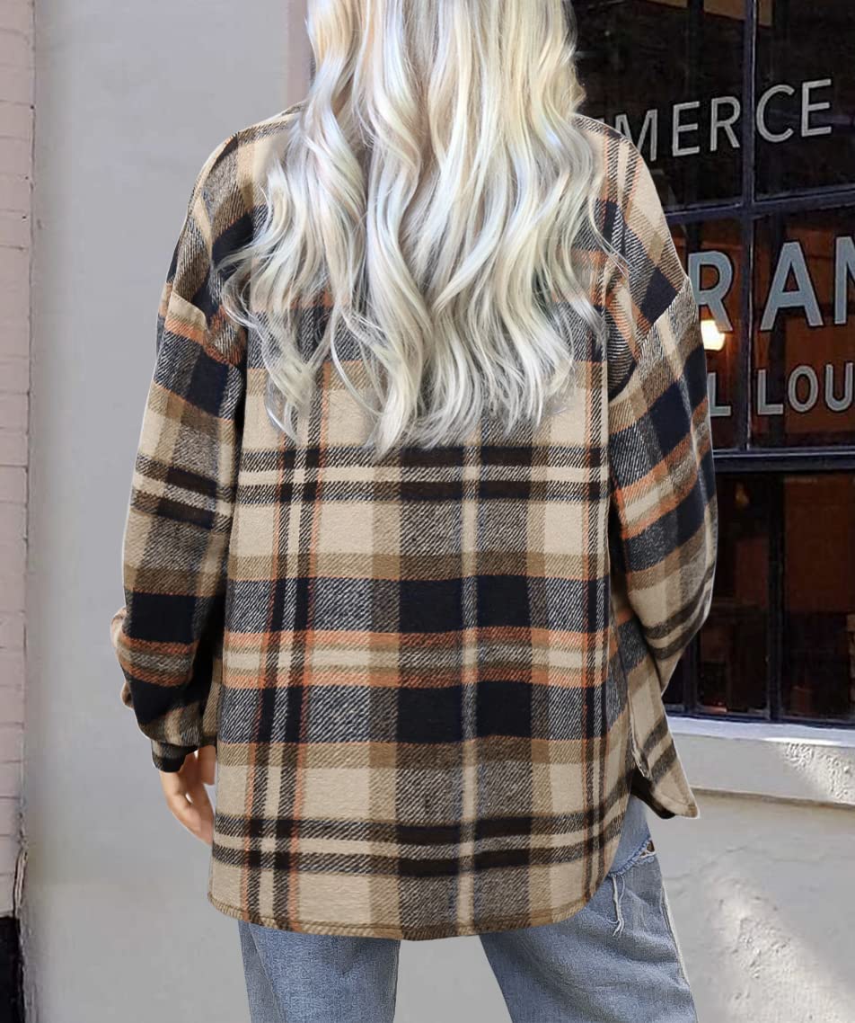 Beaully Women's Flannel Plaid Shacket Long Sleeve Button Down Shirts Jacket Coats with Side Pockets