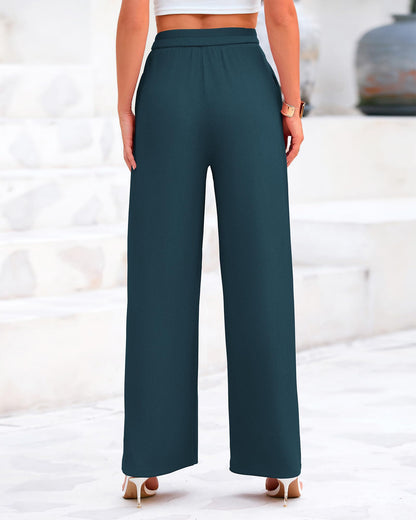 BTFBM Women's Casual Wide Leg Pants Summer Fall Clothes Pleated Elastic Waist Loose Palazzo Knit Trousers with Pockets