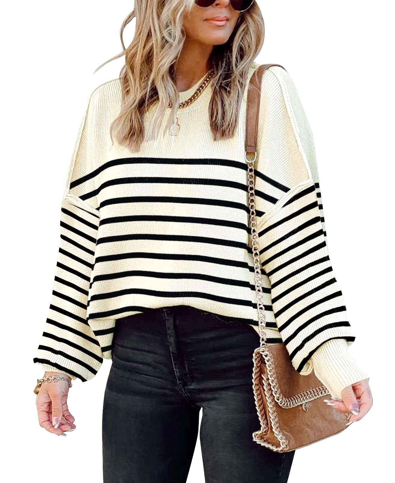 ETCYY Womens Oversized Sweaters Fall 2024 Fashion Clothes Trendy Batwing Sleeve Colorblock Striped Knit Pullover Sweater Tops