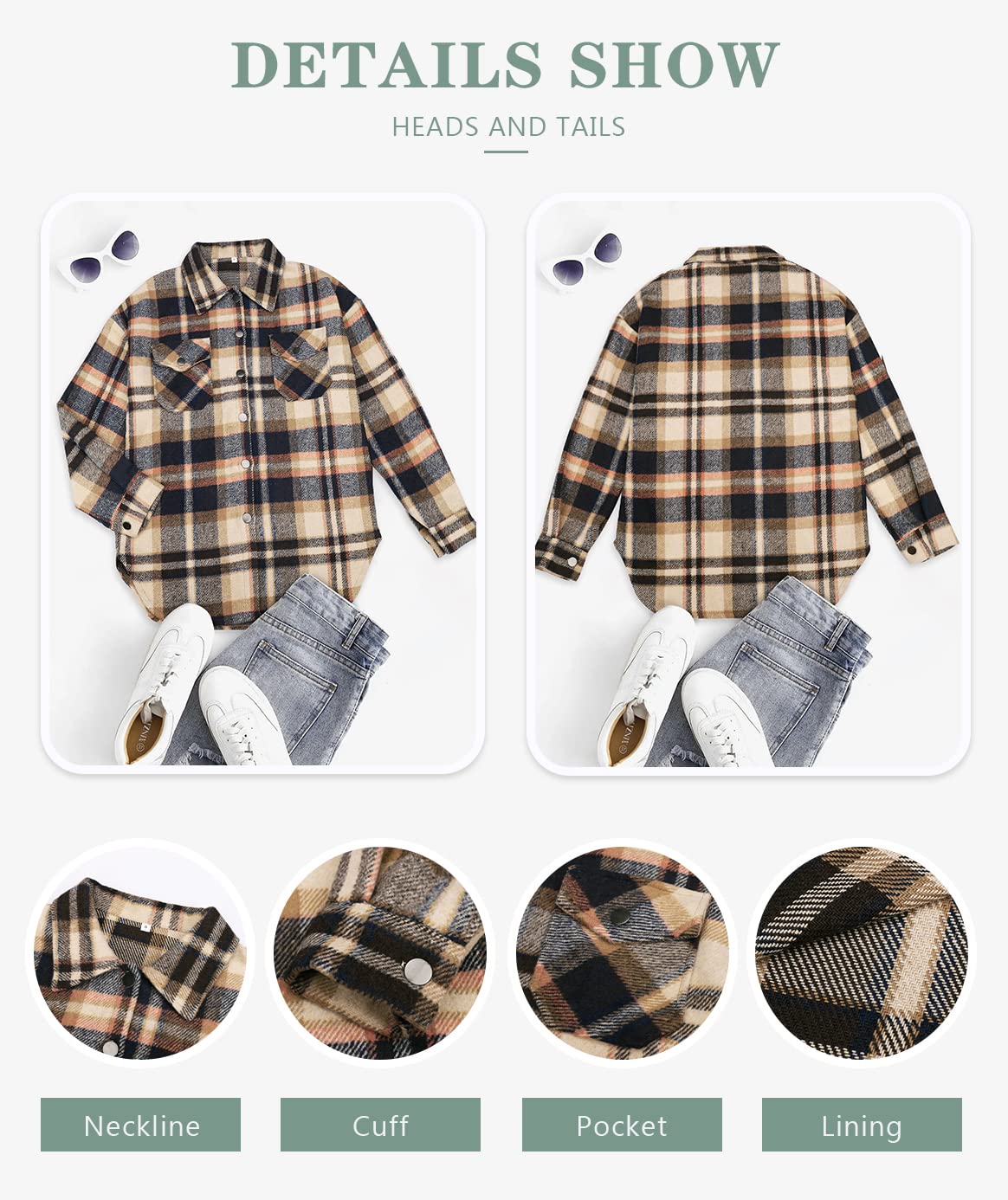 Beaully Women's Flannel Plaid Shacket Long Sleeve Button Down Shirts Jacket Coats with Side Pockets