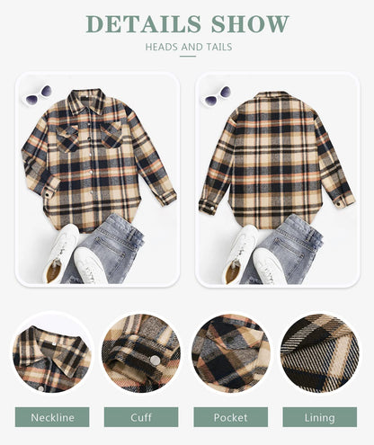 Beaully Women's Flannel Plaid Shacket Long Sleeve Button Down Shirts Jacket Coats with Side Pockets