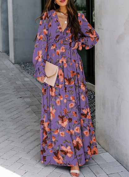BLENCOT Womens Casual Boho Deep V Neck Short Sleeve Long Dress