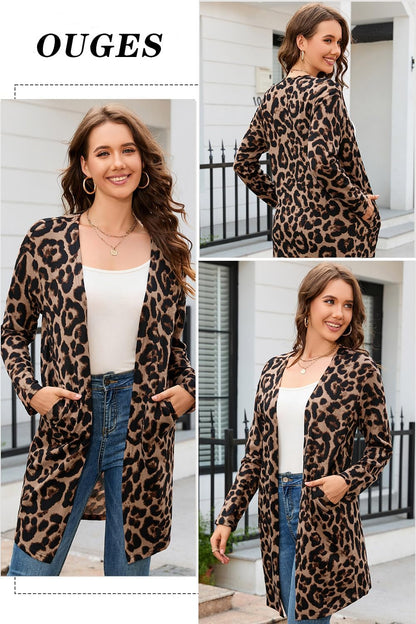 OUGES Women's Open Front Cardigan Shirt with Pockets Long Sleeve Lightweight Coat