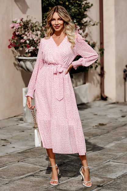 PRETTYGARDEN Women's Floral Print Boho Dress Long Sleeve Wrap V Neck Ruffle Belted A-Line Flowy Maxi Dresses