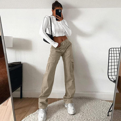 Lepunuo Cargo Pants for Women High Waisted Casual Pants Baggy Stretchy Wide Leg Y2K Streetwear with 6 Pockets