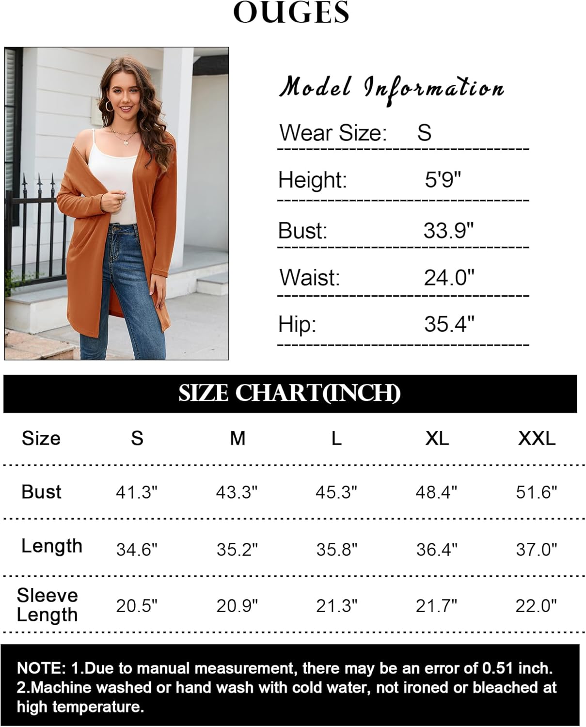 OUGES Women's Open Front Cardigan Shirt with Pockets Long Sleeve Lightweight Coat