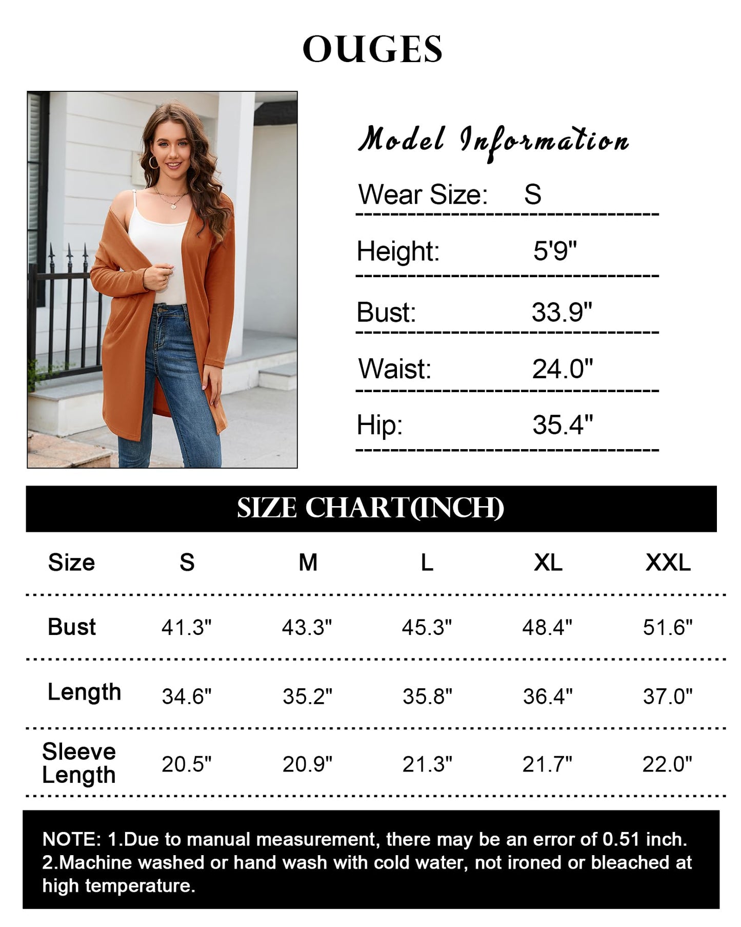OUGES Women's Open Front Cardigan Shirt with Pockets Long Sleeve Lightweight Coat