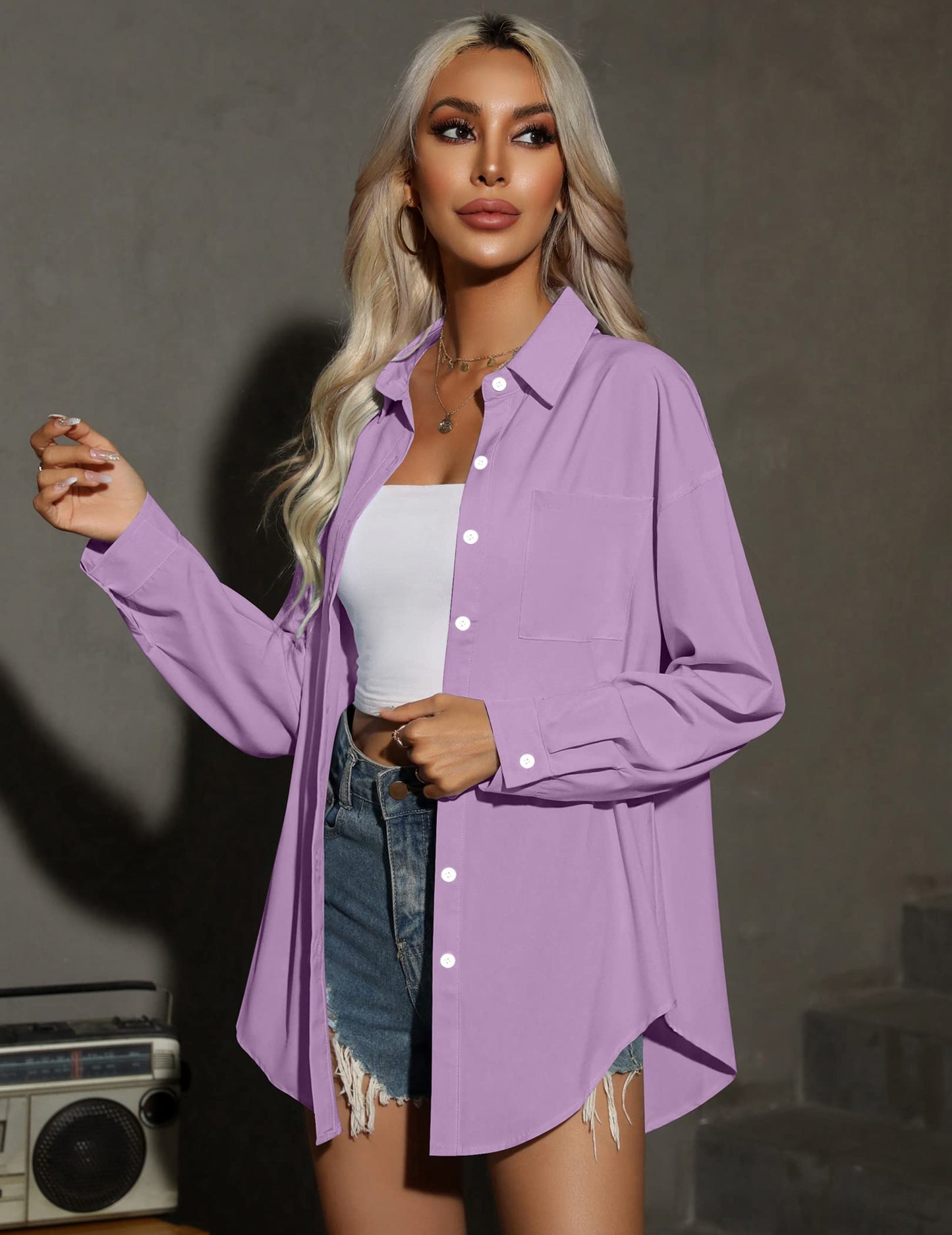 HOTOUCH Women Oversized Button Down Shirts Office Drop Shoulder Blouse Long Sleeve Boyfriend Dress Shirt with Pockets