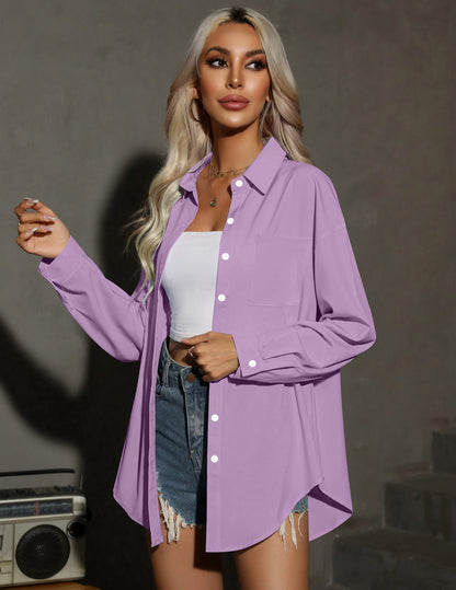 HOTOUCH Women Oversized Button Down Shirts Office Drop Shoulder Blouse Long Sleeve Boyfriend Dress Shirt with Pockets