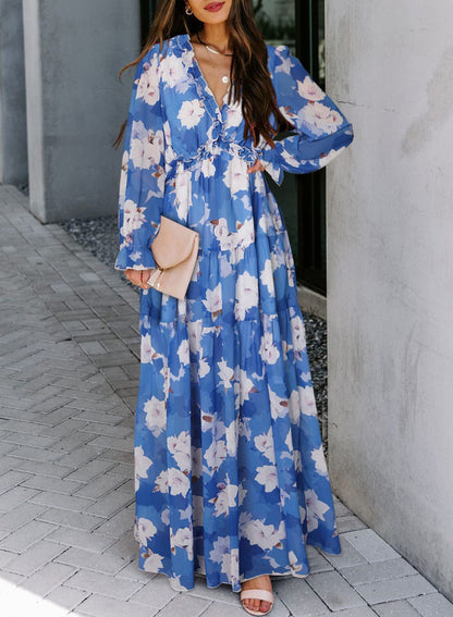 BLENCOT Womens Casual Boho Deep V Neck Short Sleeve Long Dress