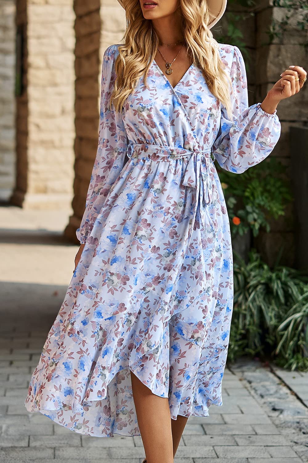 PRETTYGARDEN Women's Floral Print Boho Dress Long Sleeve Wrap V Neck Ruffle Belted A-Line Flowy Maxi Dresses
