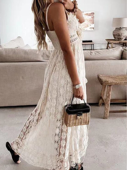 CUPSHE Women's Maxi Dress Lace Dresses Boho Tassel V-Neck Flare Ruffle Adjustable Straps Beach Summer Long Dress