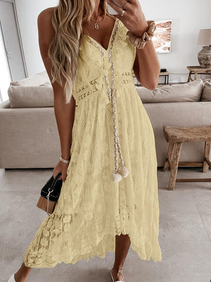 CUPSHE Women's Maxi Dress Lace Dresses Boho Tassel V-Neck Flare Ruffle Adjustable Straps Beach Summer Long Dress