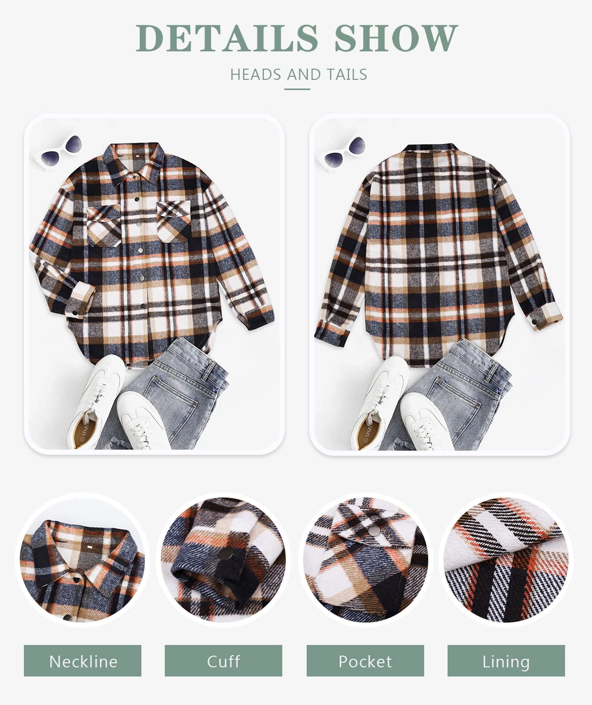 Beaully Women's Flannel Plaid Shacket Long Sleeve Button Down Shirts Jacket Coats with Side Pockets