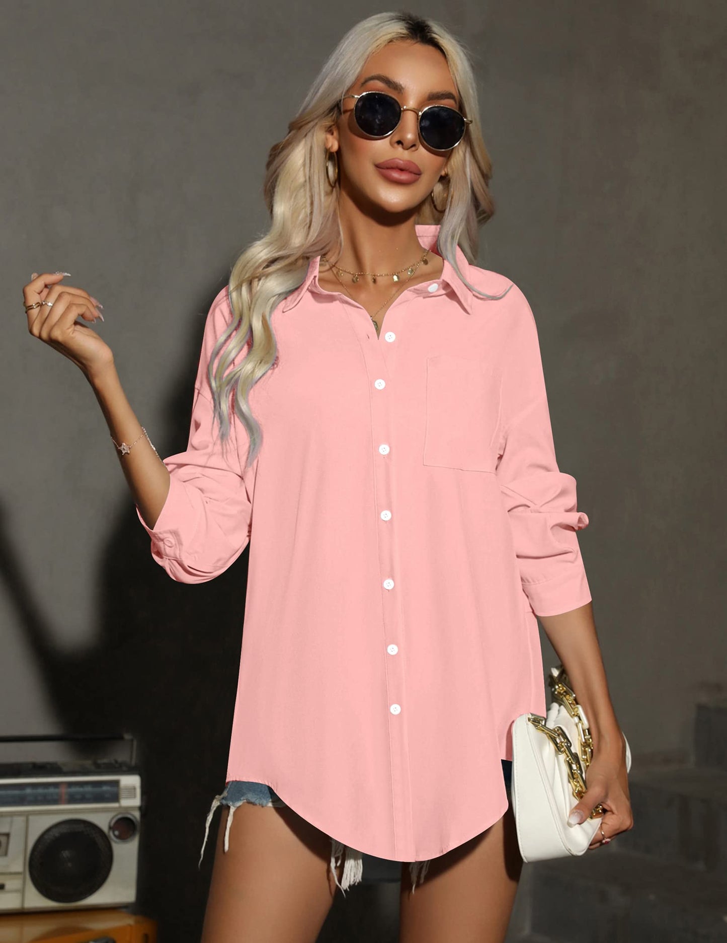 HOTOUCH Women Oversized Button Down Shirts Office Drop Shoulder Blouse Long Sleeve Boyfriend Dress Shirt with Pockets