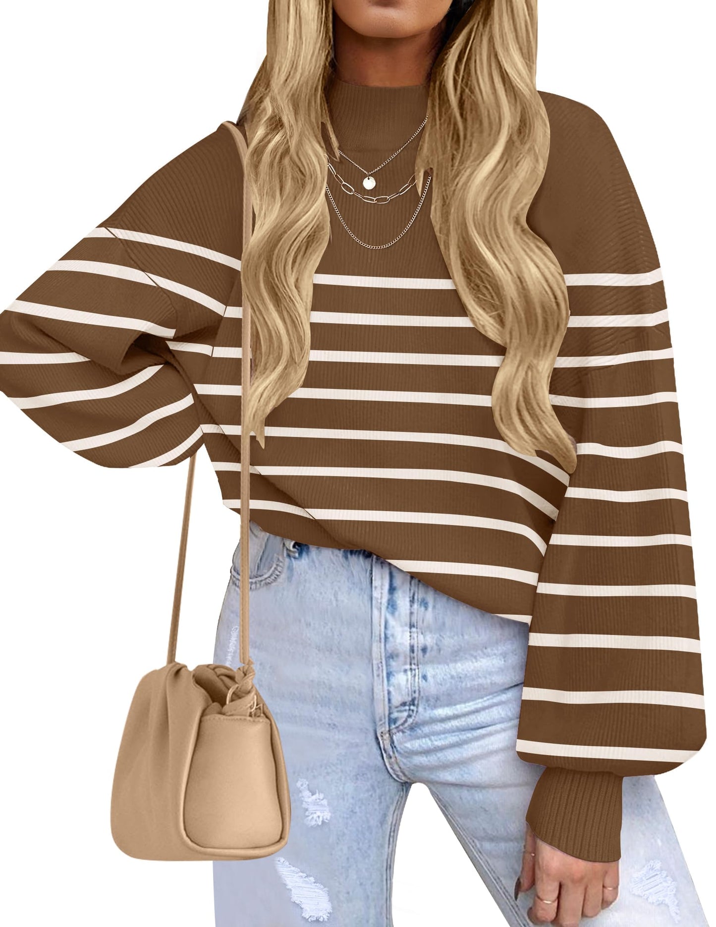 ZESICA Women's Fall Fashion Turtleneck Long Sleeve Striped Ribbed Knit Loose Pullover Sweater Tops