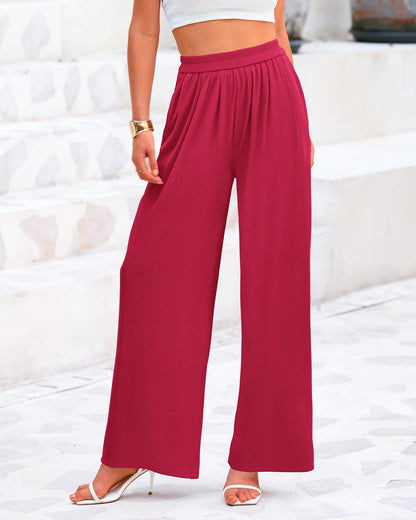 BTFBM Women's Casual Wide Leg Pants Summer Fall Clothes Pleated Elastic Waist Loose Palazzo Knit Trousers with Pockets