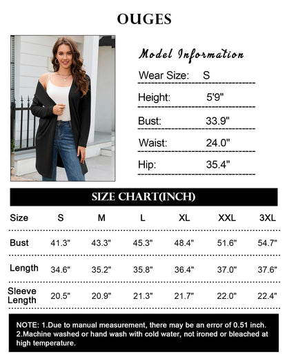OUGES Women's Open Front Cardigan Shirt with Pockets Long Sleeve Lightweight Coat