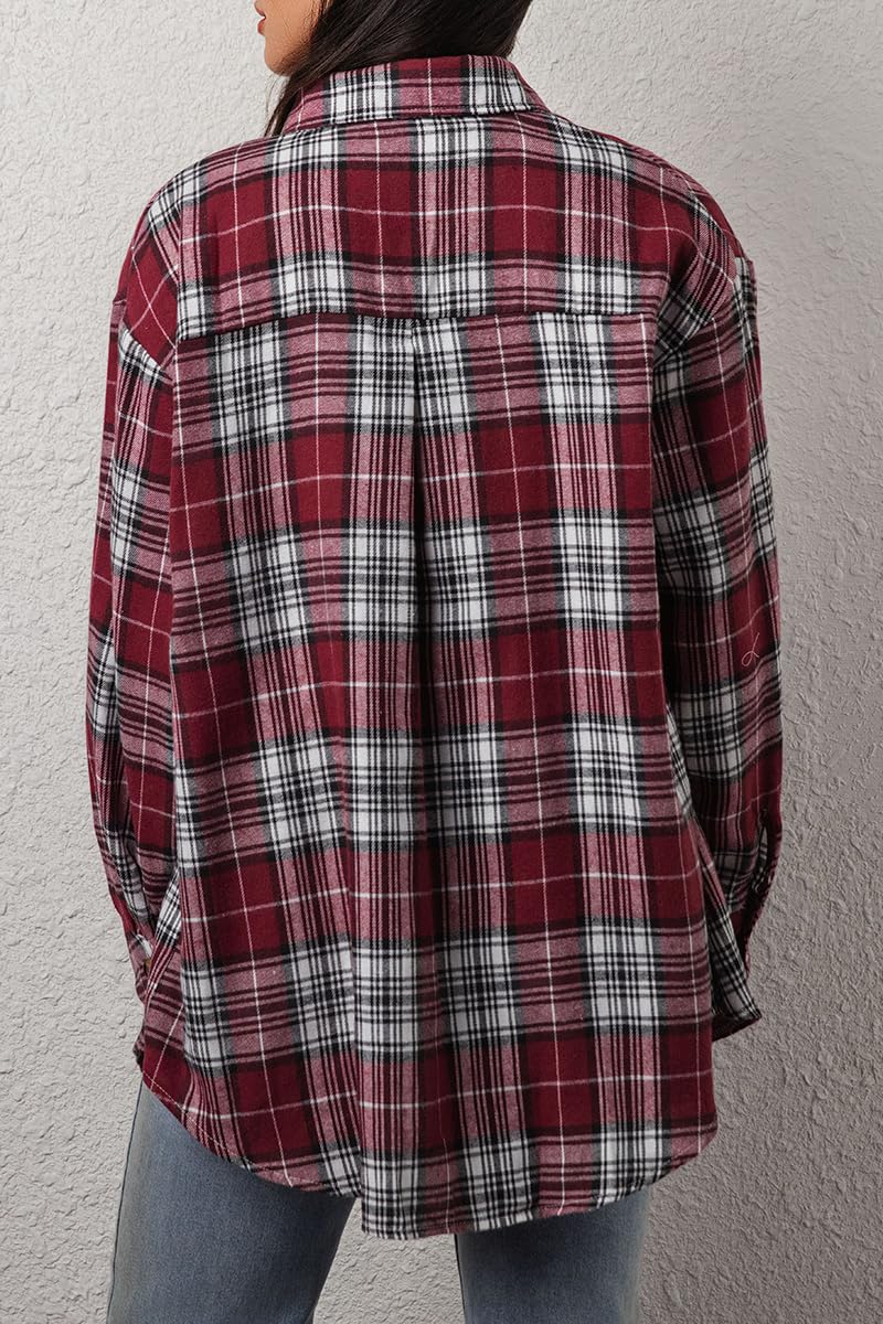 CHYRII Womens Button Down Flannel Shirts Long Sleeve Plaid Shackets Business Casual Blouse Top