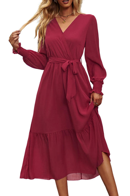 PRETTYGARDEN Women's Floral Print Boho Dress Long Sleeve Wrap V Neck Ruffle Belted A-Line Flowy Maxi Dresses